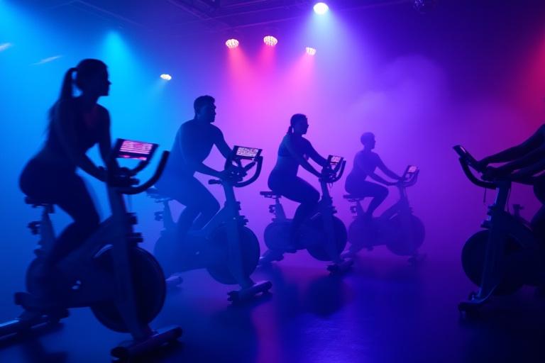 Salle de spinning obscure avec des vélos éclairés par des néons.